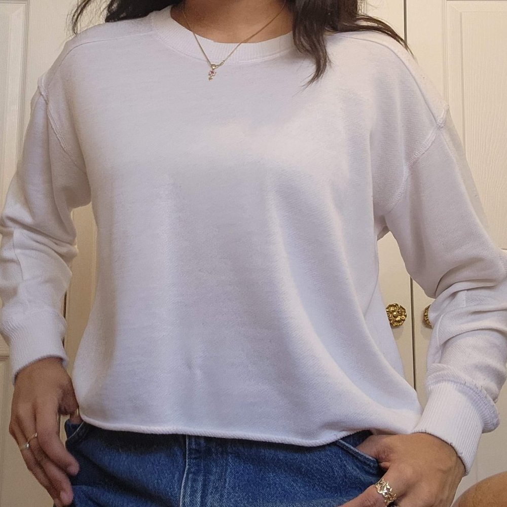 Aerie White Distressed Cropped Sweatshirt